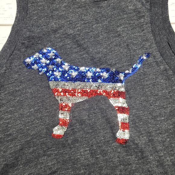 Victoria's Secret Pink Bling Tank Top American Patriotic Glitter Dog Gray XS - Picture 5 of 7